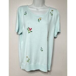 Talbots Floral Embroidered Women’s Top Blouse Size Petite Large Aqua Pullover PL